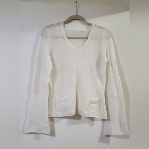 White knit V neck hooded semi-sheer sweater, swim cover-up, small